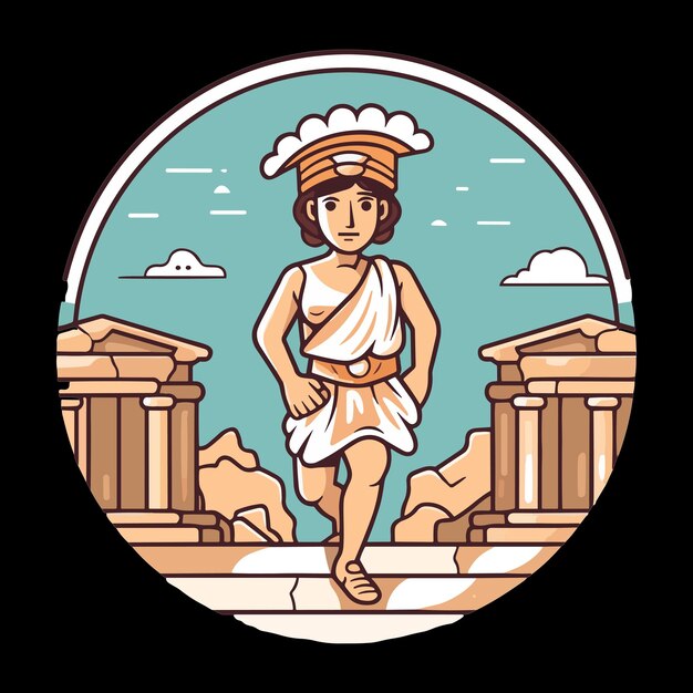 Vector mascota de mujer griega vintage de pie en el vector de edificio