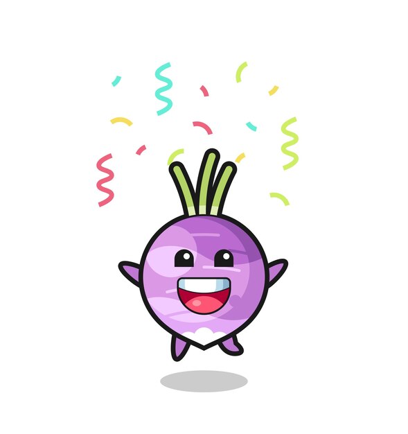 Mascota de nabo feliz saltando de felicitación con confeti de colores
