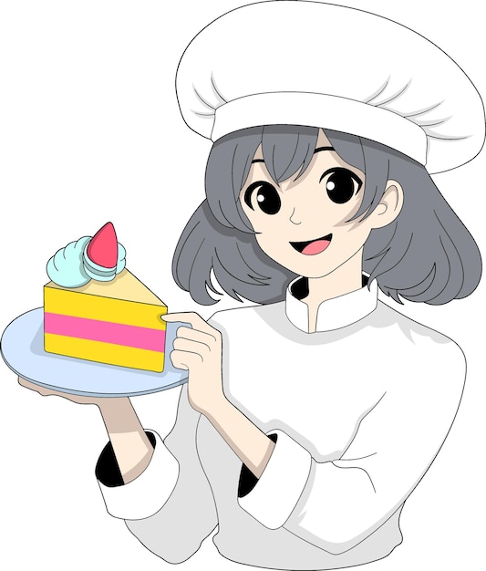 Mascota de pastelero alegre sosteniendo una pegatina de pastel para la promoción de la panadería