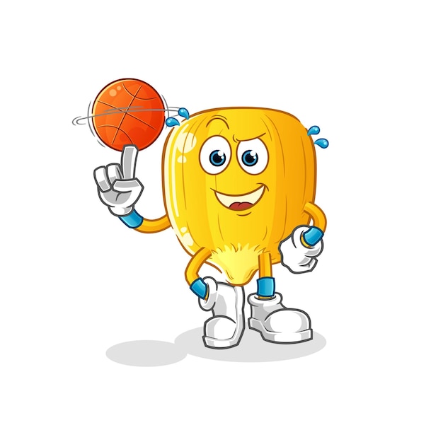 Mascota de pelota de baloncesto jugando al grano de maíz. vector de dibujos animados