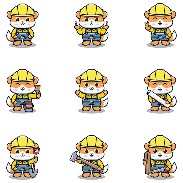 Mascota de perro lindo trabaja en la construcción dibujos animados de constructor de perros lindo constructores de animales