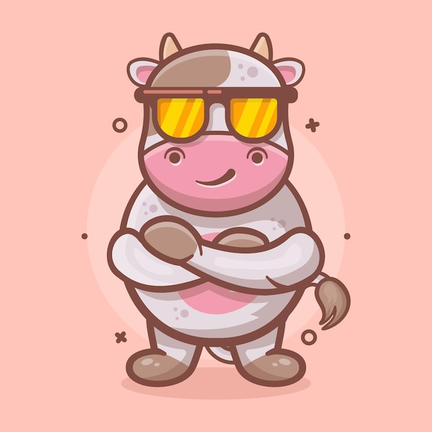 mascota de personaje animal de vaca fresca con brazos cruzados dibujos animados aislados en diseño de estilo plano
