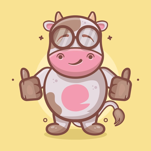 mascota de personaje animal de vaca graciosa con el pulgar hacia arriba gesto de la mano dibujos animados aislados
