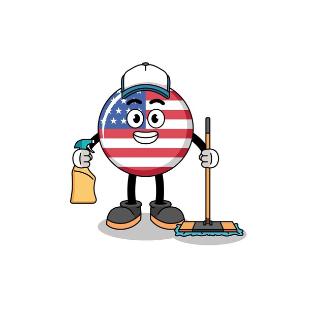 Mascota del personaje de la bandera de estados unidos como servicios de limpieza