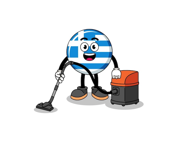 Mascota del personaje de la bandera de grecia con aspiradora