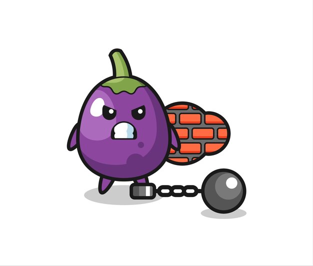 Mascota del personaje de berenjena como prisionera, diseño de estilo lindo para camiseta, pegatina, elemento de logotipo