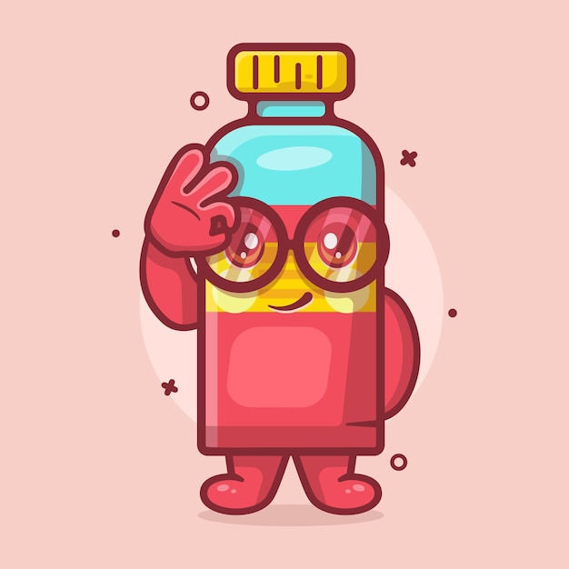 mascota de personaje de botella de jugo divertido con gesto de mano de signo ok dibujos animados aislados en diseño de estilo plano