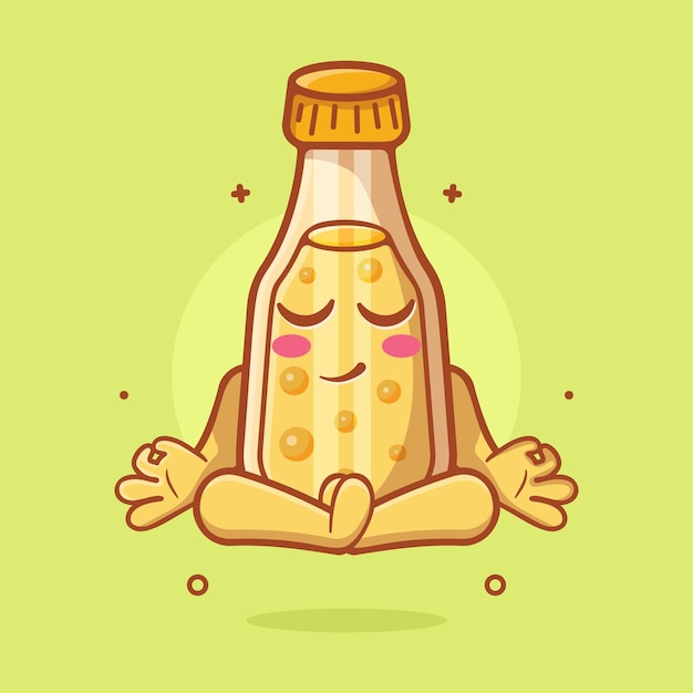 mascota de personaje de botella de jugo tranquilo con pose de meditación de yoga dibujos animados aislados en diseño de estilo plano