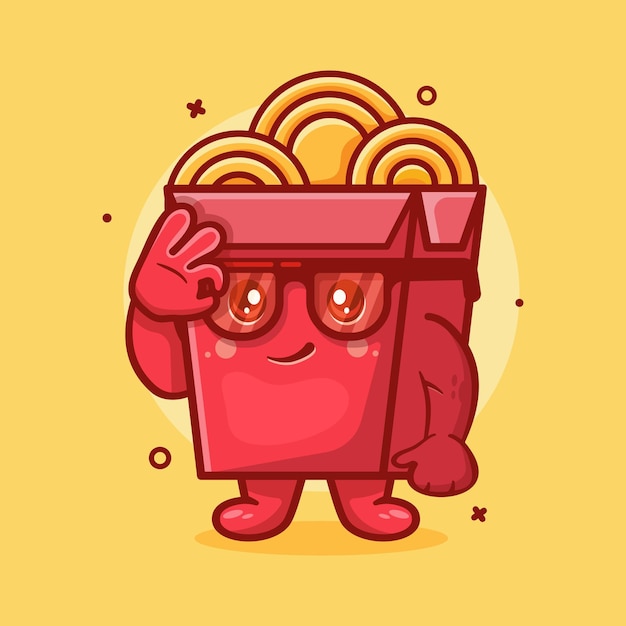 mascota de personaje de caja de fideos divertidos con dibujos animados aislados de mano de signo ok en diseño de estilo plano