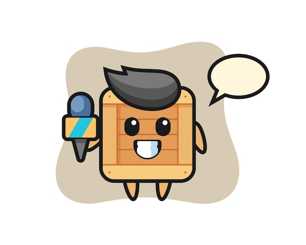 Mascota de personaje de caja de madera como reportero de noticias, diseño de estilo lindo para camiseta, pegatina, elemento de logotipo