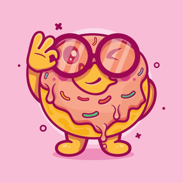 mascota de personaje de comida de donut divertido con gesto de mano de signo ok dibujos animados aislados en diseño de estilo plano