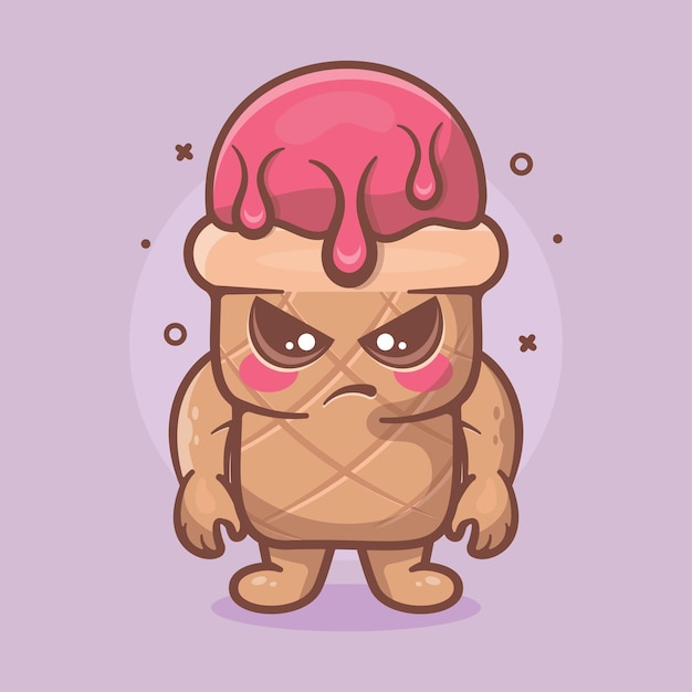mascota de personaje de cono de uso de helado serio con expresión de enojo dibujos animados aislados