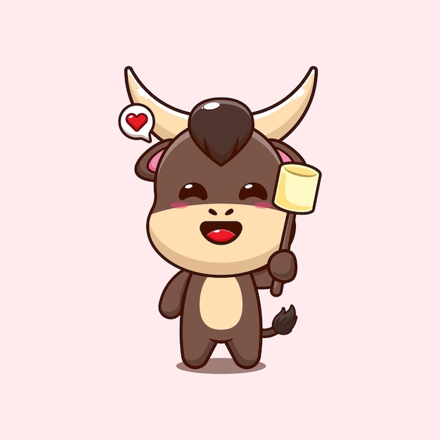 mascota personaje de dibujos animados ilustración vectorial de toro comiendo malvavisco