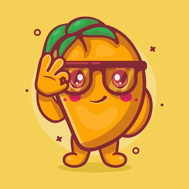 mascota de personaje de fruta de mango divertido con dibujos animados aislados de mano de signo ok en diseño de estilo plano