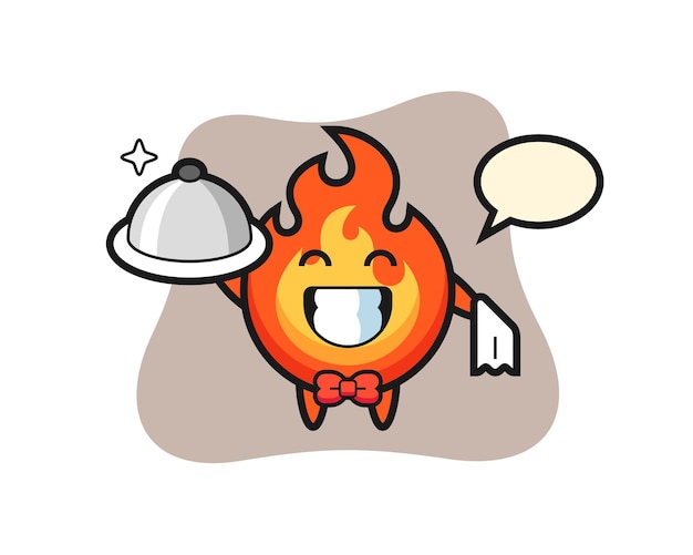 Mascota de personaje de fuego como camareros, diseño de estilo lindo para camiseta, pegatina, elemento de logotipo