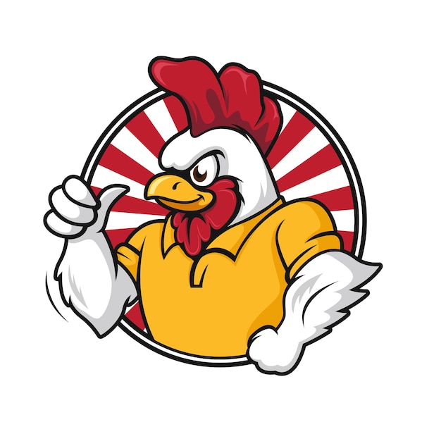 Una mascota de personaje de gallo de dibujos animados de pollo dando un pulgar hacia arriba