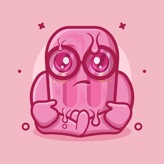 mascota de personaje de helado de paleta rosa fresco con expresión triste dibujos animados aislados