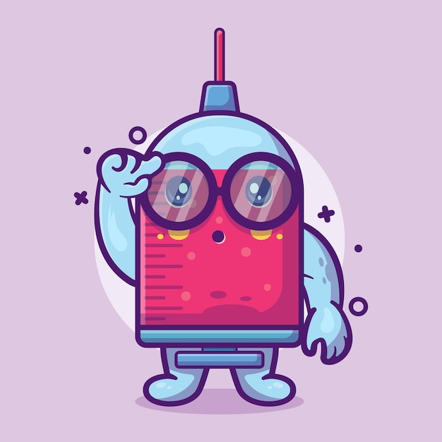 mascota de personaje de jeringa genio con expresión de pensamiento dibujos animados aislados en diseño de estilo plano