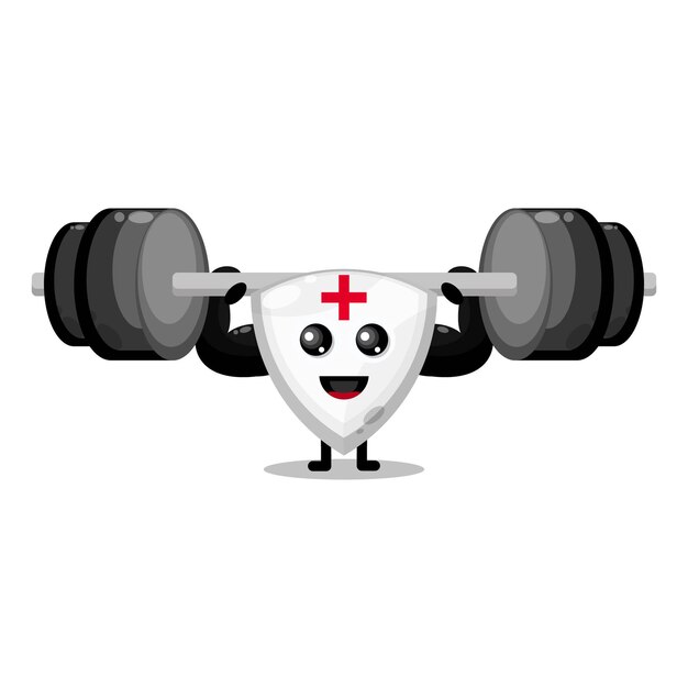 Mascota de personaje lindo escudo fitness barbell