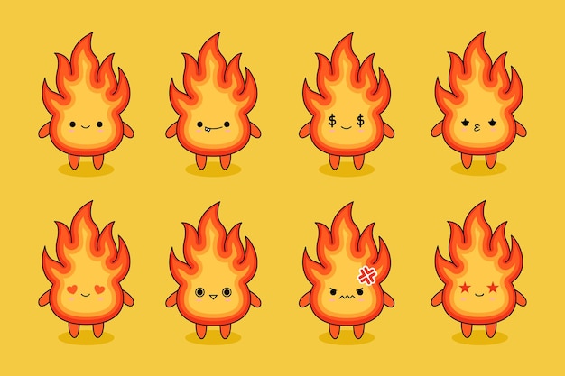 Mascota de personaje de llama de fuego kawaii con expresión facial