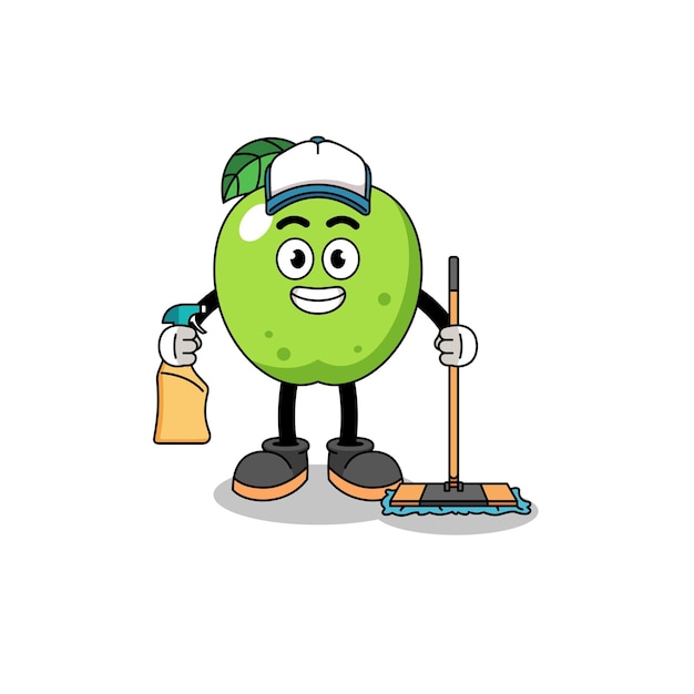 Mascota de personaje de manzana verde como diseño de personajes de servicios de limpieza