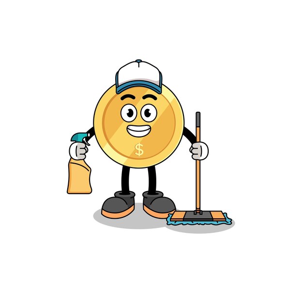 Mascota de personaje de moneda de dólar como diseño de personajes de servicios de limpieza