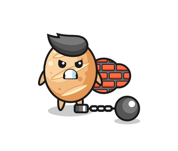 Mascota de personaje de pan francés como prisionero, lindo diseño
