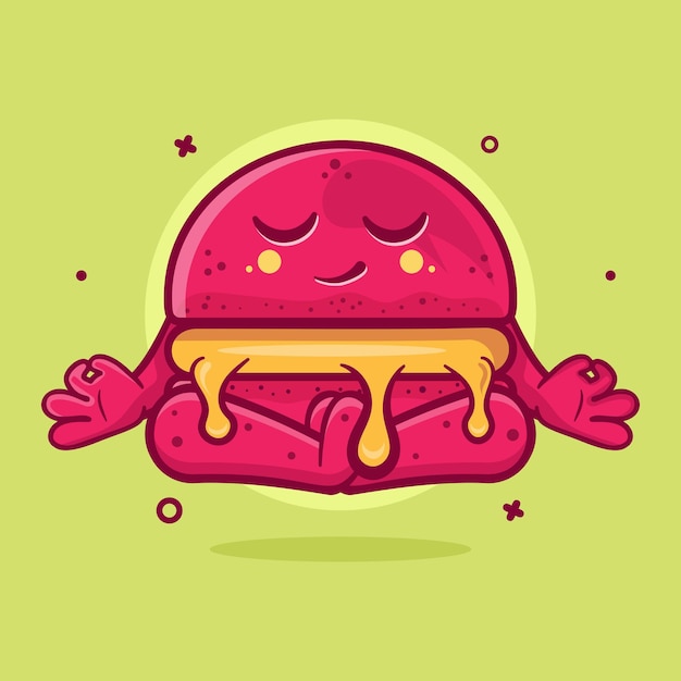 Mascota de personaje de panadería de macaron tranquilo con pose de meditación de yoga dibujos animados aislados en diseño de estilo plano