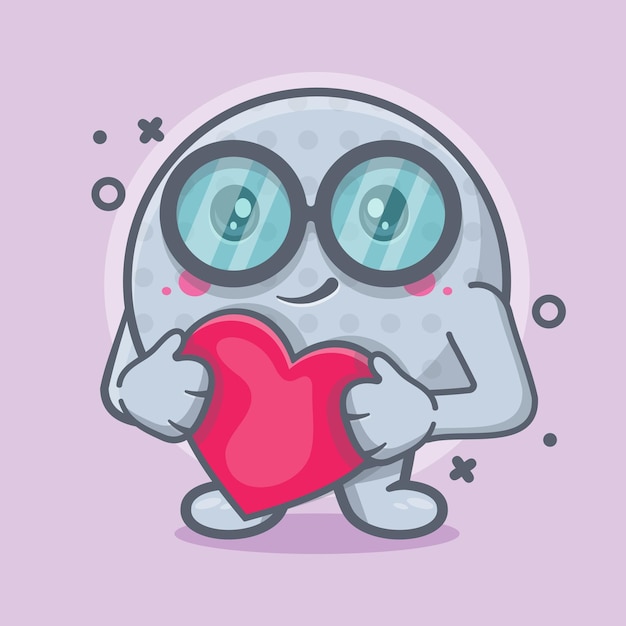 Mascota de personaje de pelota de golf nerd con dibujos animados aislados de corazón de signo de amor en diseño de estilo plano