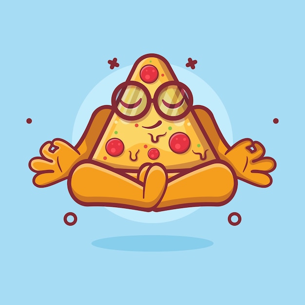 mascota de personaje de pizza tranquila con pose de meditación de yoga caricatura aislada en diseño de estilo plano