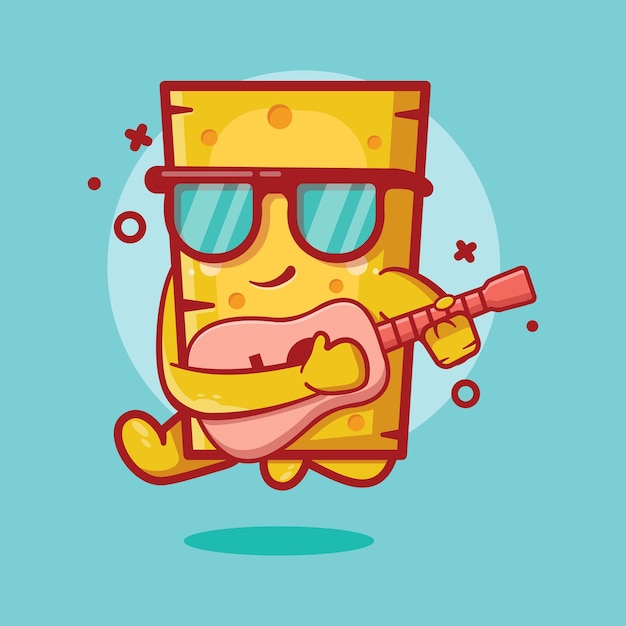 mascota de personaje de queso fresco tocando la guitarra dibujos animados aislados en diseño de estilo plano
