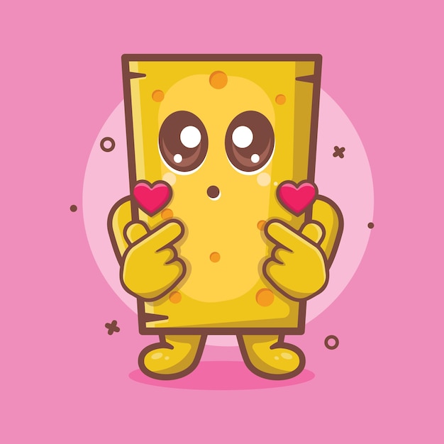 mascota de personaje de queso kawaii con gesto de mano de signo de amor dibujos animados aislados en diseño de estilo plano