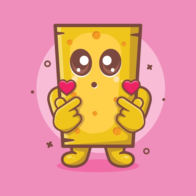 Mascota de personaje de queso kawaii con gesto de mano de signo de amor dibujos animados aislados en diseño de estilo plano