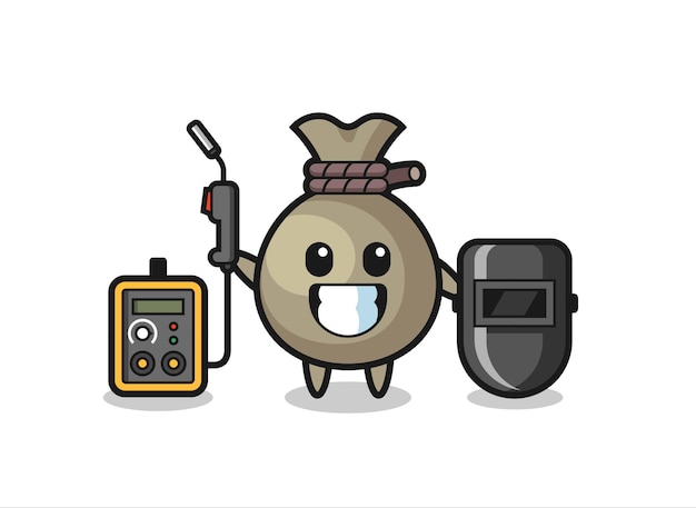 Mascota de personaje de saco de dinero como soldador, diseño de estilo lindo para camiseta, pegatina, elemento de logotipo