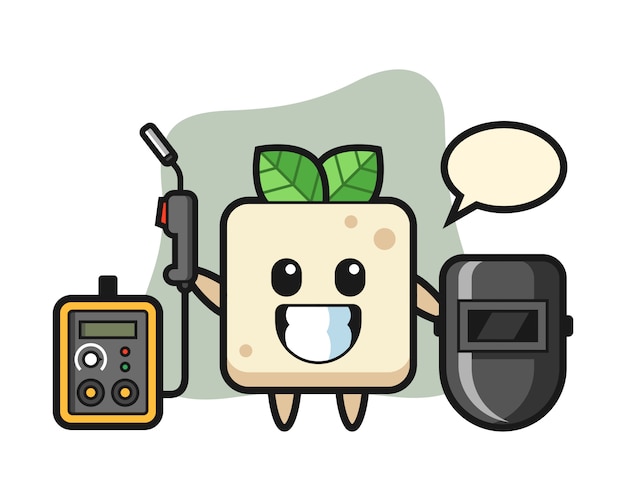 Mascota del personaje de tofu como soldador, diseño de estilo lindo para camiseta