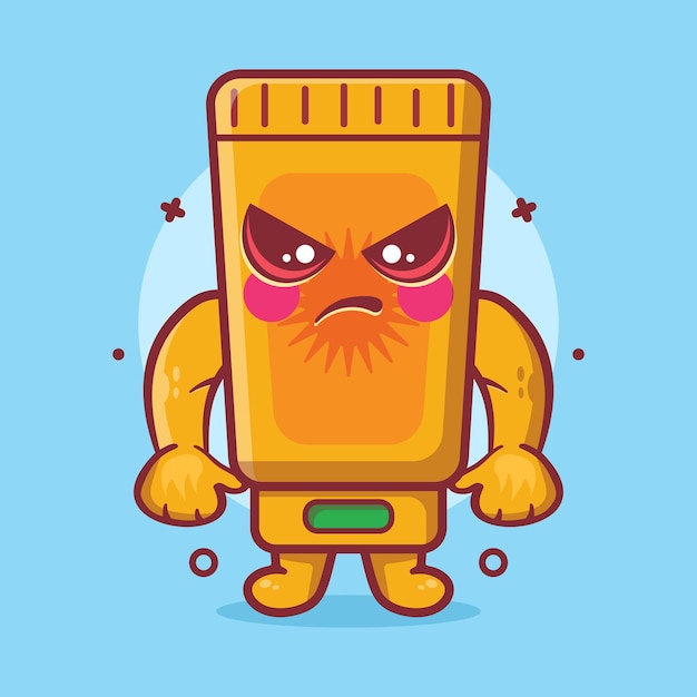 mascota de personaje de tubo de bloqueador solar serio con expresión enojada caricatura aislada en diseño de estilo plano