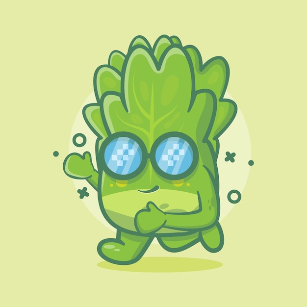 Mascota de personaje vegetal de lechuga fresca ejecutando dibujos animados aislados en diseño de estilo plano