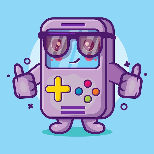mascota de personaje de videojuego portátil divertido con gesto de mano pulgar arriba dibujos animados aislados