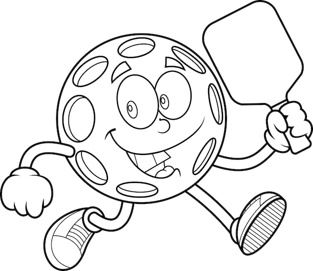 La mascota de Pickleball corriendo con la paleta negra y blanca