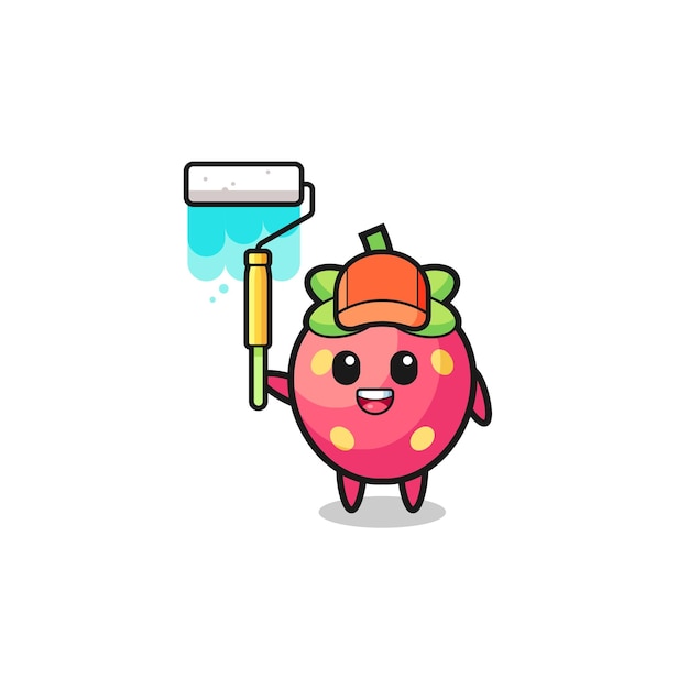 La mascota del pintor de fresas con un lindo diseño de rodillo de pintura