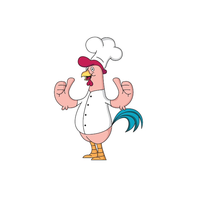 mascota de pollo chef con dos pulgares hacia arriba