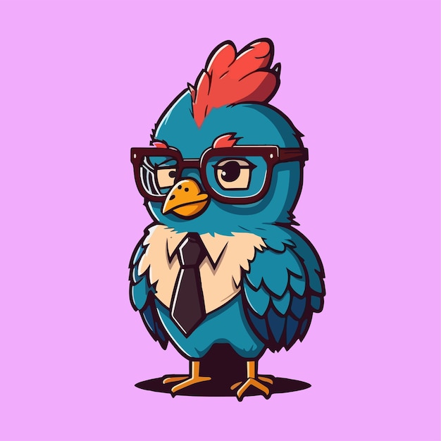 Mascota para un pollo que lleva un uniforme como un oficinista y un hombre de negocios con un diseño plano de dibujos animados