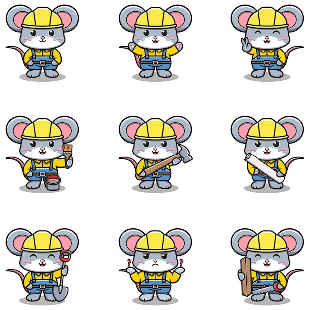 Mascota del ratón lindo trabaja en la construcción dibujos animados de constructores de ratones lindo constructores de animales