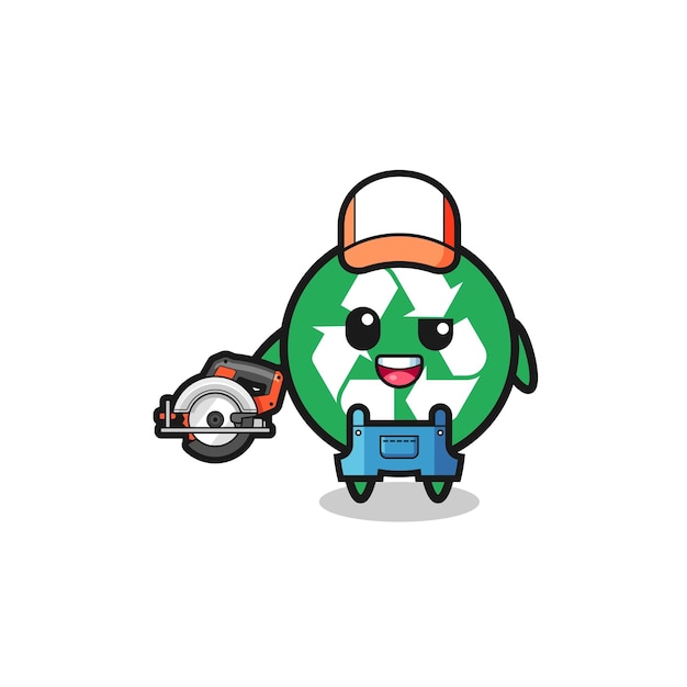La mascota de reciclaje de carpintero sosteniendo una sierra circular