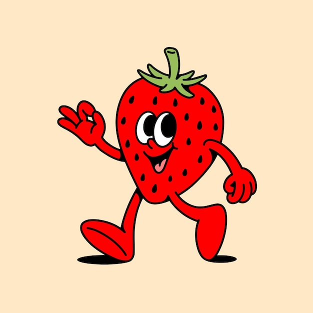 La mascota retro de la fresa es un personaje de dibujos animados.
