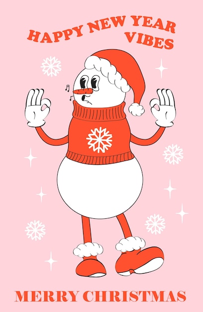 Vector mascota retro del muñeco de nieve en retro feliz navidad y feliz año nuevo holly jolly concept vector