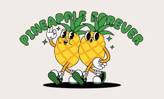 Mascota retro de piña con mano y pie