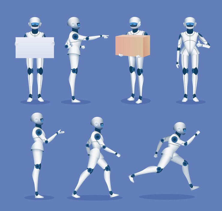 Vector mascota robot humanoide. poses de personajes de android futuro de dibujos animados. robots 3d corriendo, de pie, sosteniendo cartulina y conjunto de vectores de caja de entrega. servicio de robot de entrega de ilustración