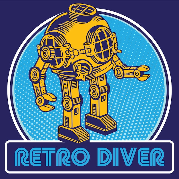 Mascota de robot retro en diseño de personajes de casco de buzo vintage