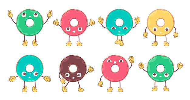 Vector mascota de rosquilla de dibujos animados personajes de pastelería dulce con diferentes emociones emoticones de rosquillas cómicas con diferentes caras conjunto aislado vectorial